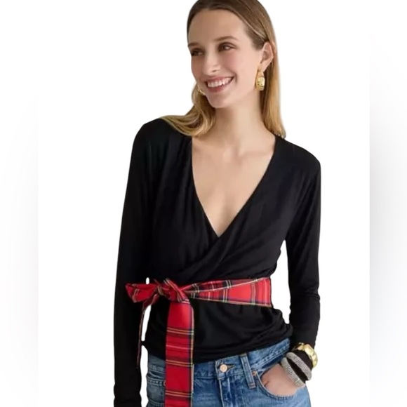 J.Crew Womens $70 Formknit Long Sleeve Wrap Top Black Size XS Plaid Accents - Picture 1 of 8